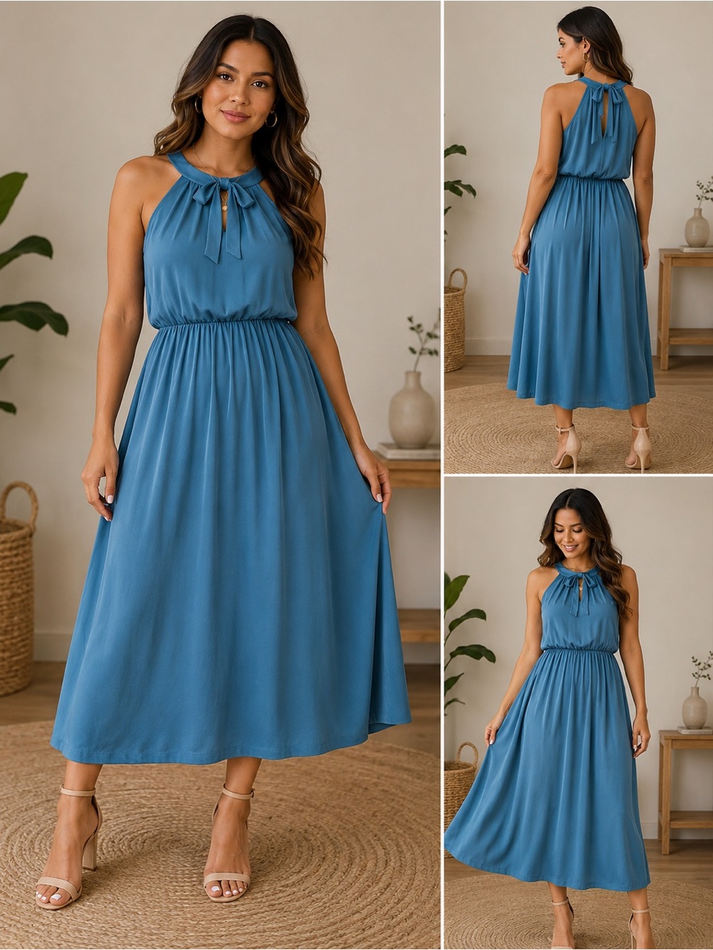Sleeveless Teal Midi Dress with Tie Neck